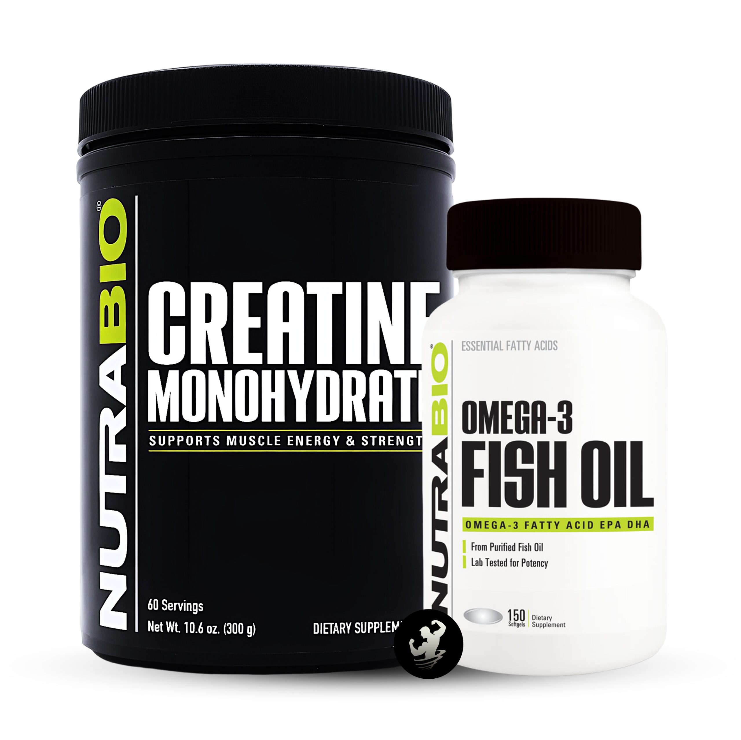 (x2) Creatine Monohydrate 300gr + Omega Fish Oil 150cap (Nutrabio) (Logo)